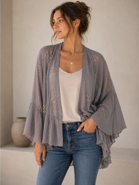 Johnny Was Gray Embroidered Kimono with Teal and Red Accent